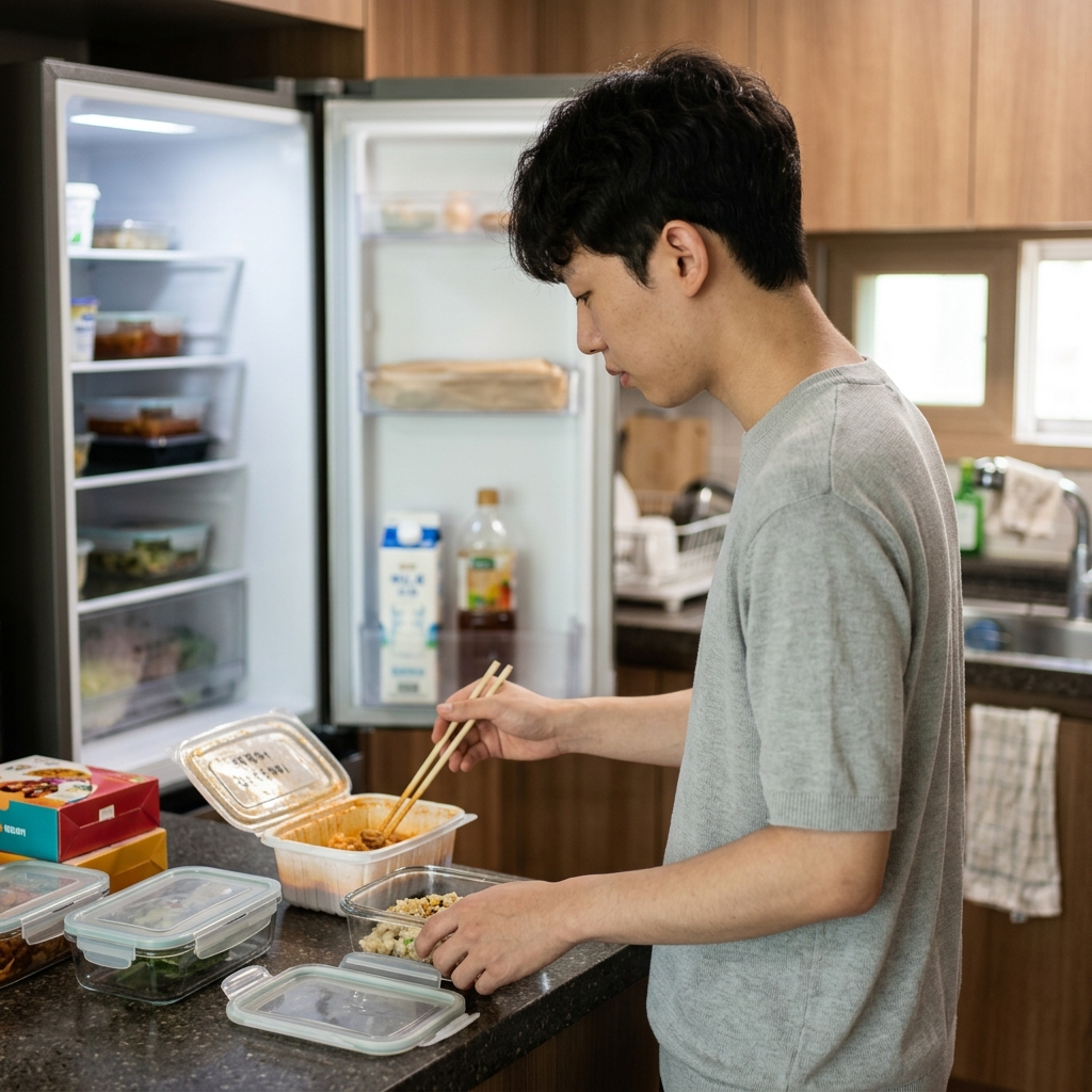 냉장고 앞에서 배달음식 용기를 밀폐용기에 옮겨 담는 모습