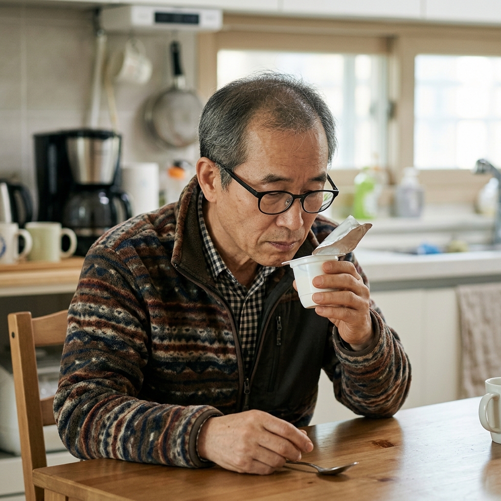 60대 초반 남성이 식탁에서 개봉한 요구르트 용기의 색과 냄새를 확인하는 모습
