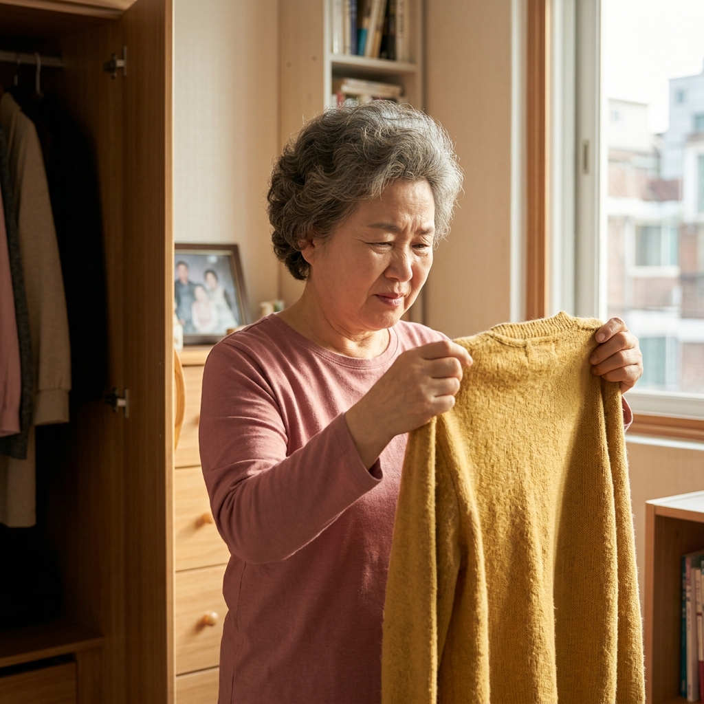 70대 여성이 옷장에서 니트를 꺼내 펼쳐보며 코를 살짝 찡그린 표정으로 냄새를 확인하는 모습, 긴소매 얇은 셔츠 차림, 창가로 들어오는 가을 햇살