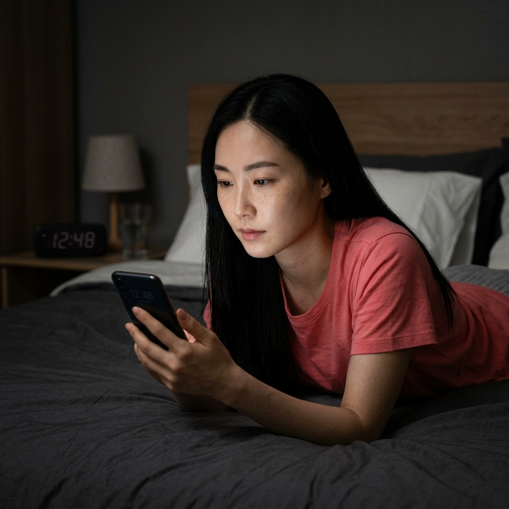 늦은 밤 침대에서 스마트폰을 보며 시간을 확인하는 30대 직장인의 어두운 방 안 모습