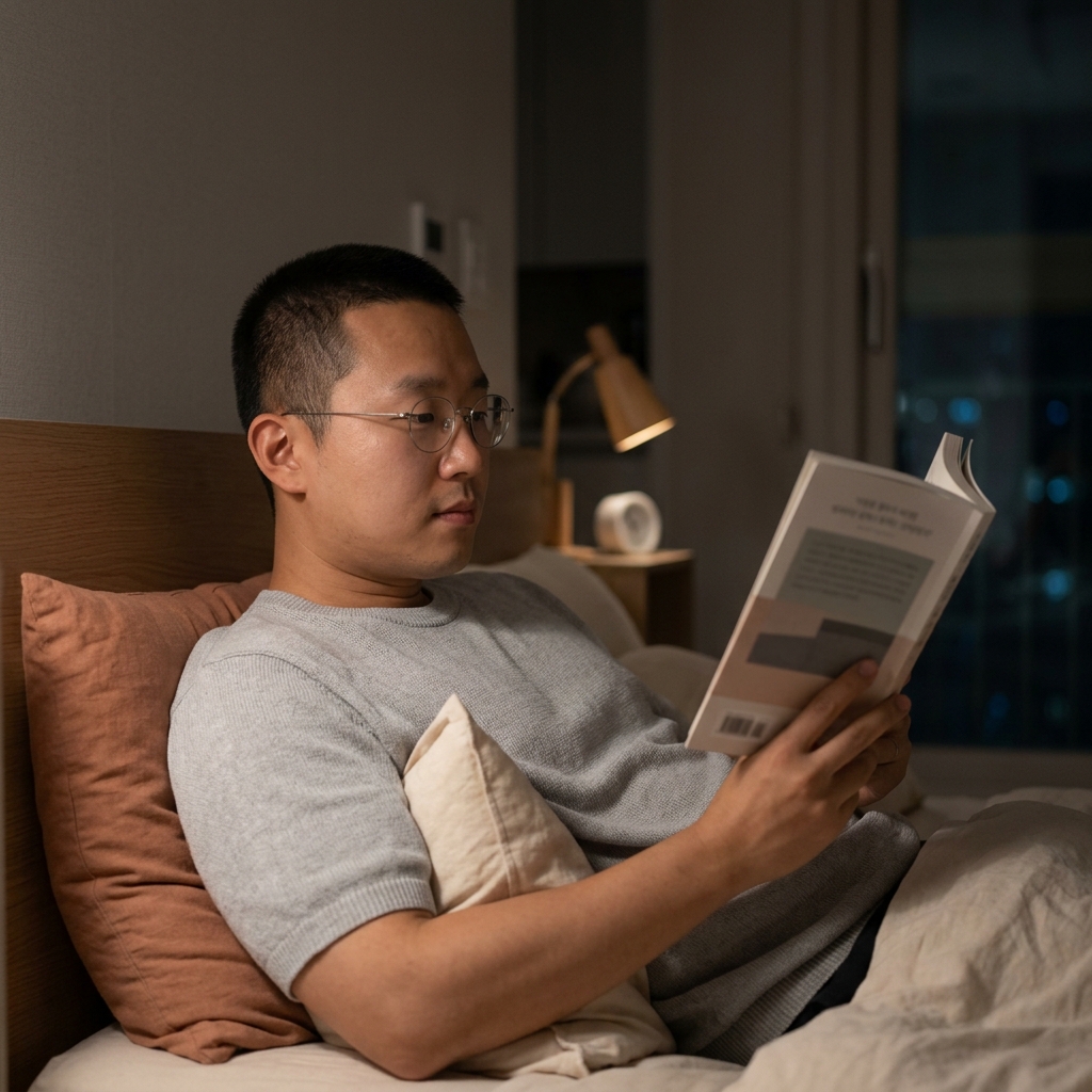 어두운 조명 아래 침대 옆 작은 스탠드만 켜놓고 책을 읽는 30대 직장인의 차분한 밤 풍경