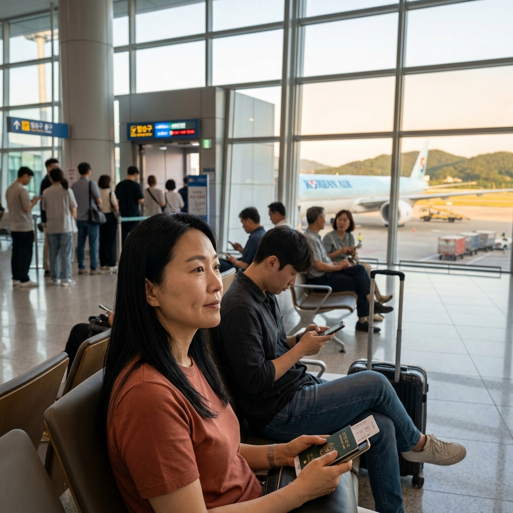 부산 김해공항 국제선 청사에서 탑승을 기다리는 여행객들의 모습