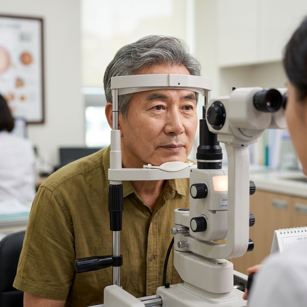 안과 진료실에서 안저검사 장비 앞에 앉아 검사를 받고 있는 60대 후반 남성의 모습, 담담한 표정으로 턱과 이마를 검사 기기에 고정한 채 정면을 응시하고 있다