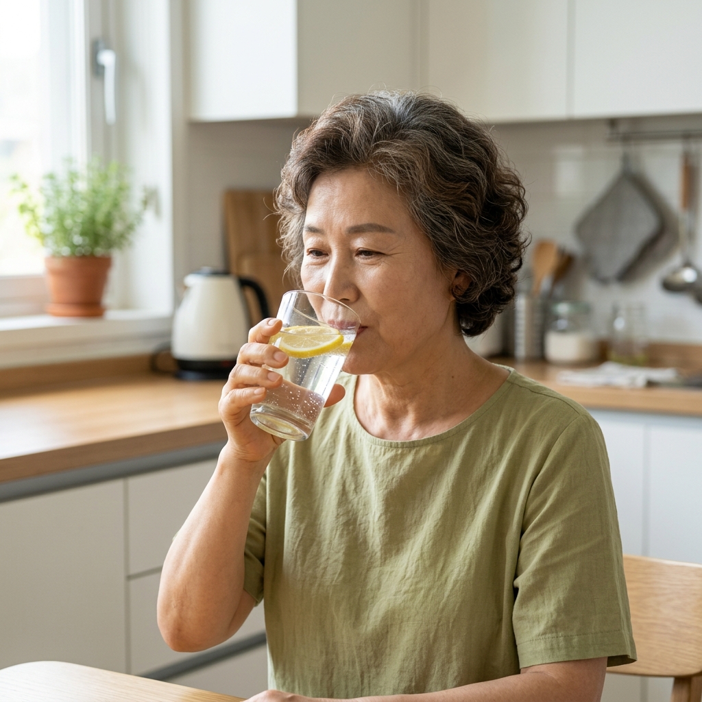 투명한 유리컵에 레몬 슬라이스를 띄운 물을 마시는 60대 후반 여성, 밝은 주방 배경, 가벼운 면 블라우스 착용