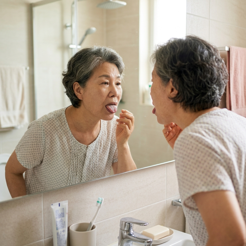거울을 보며 혀를 내밀고 백태 상태를 확인하는 70대 어르신의 모습, 밝은 세면대 앞 실내 배경