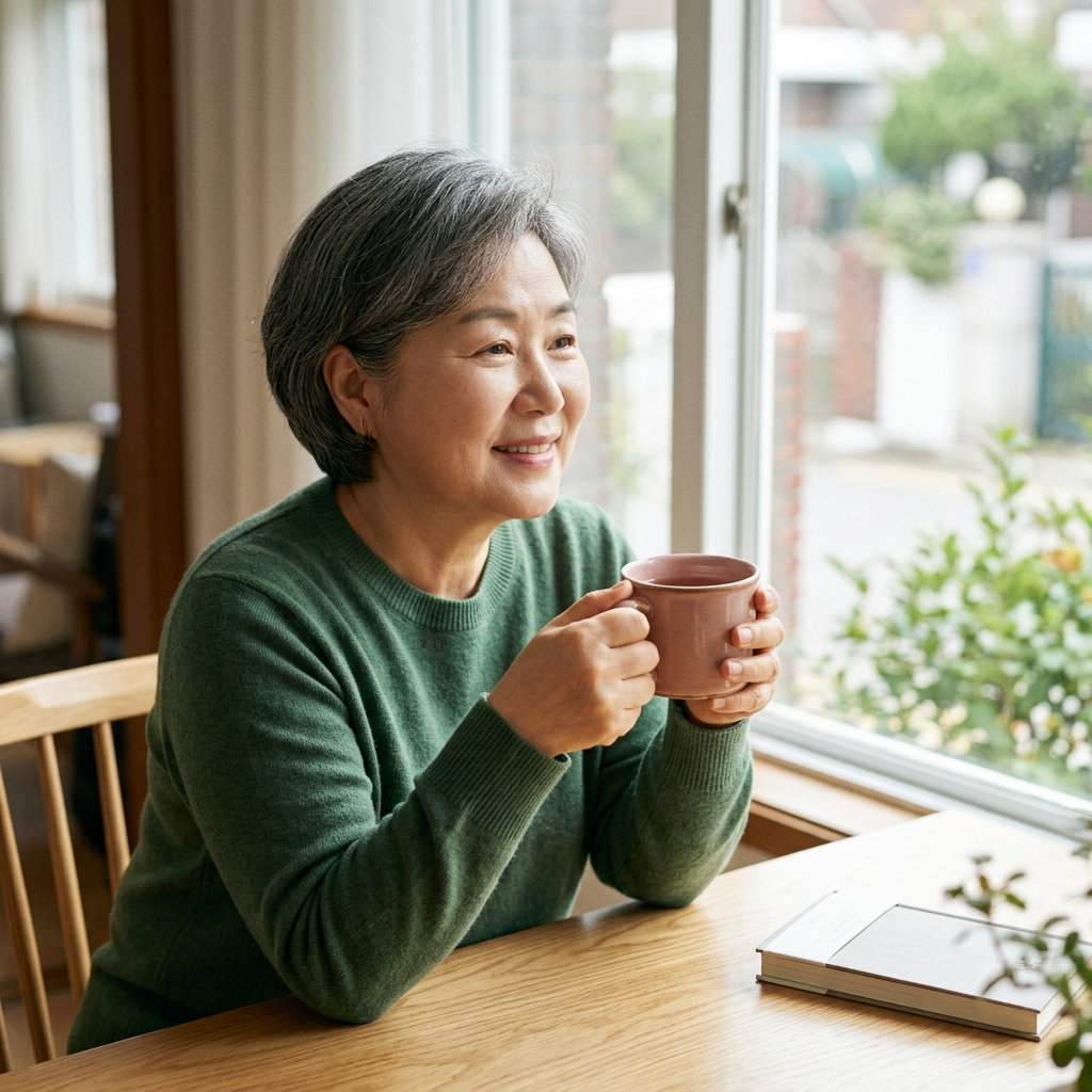 따뜻한 차를 들고 창가에 앉아 편안한 표정으로 쉬고 있는 60대 여성의 모습, 긴 소매 차림에 부드러운 자연광이 들어오는 배경