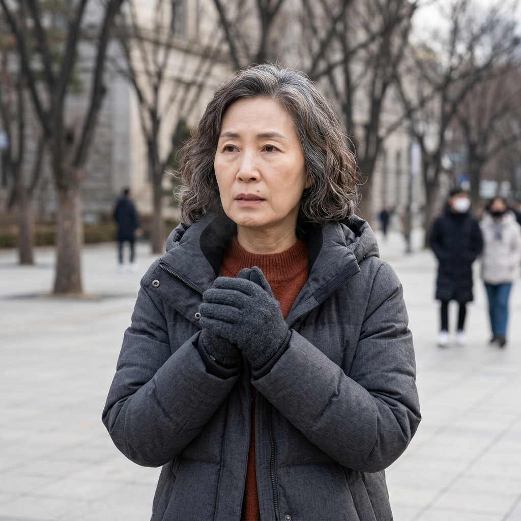 외투를 입은 70대 노인이 야외에서 두꺼운 방한 장갑을 낀 손을 가슴 쪽으로 모으고 있는 장면