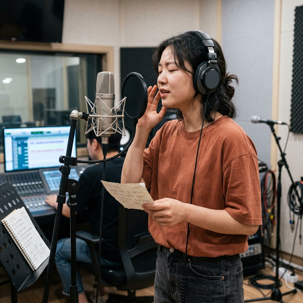 스튜디오에서 헤드셋을 낀 채 랩을 녹음하는 젊은 여성 뮤지션의 모습