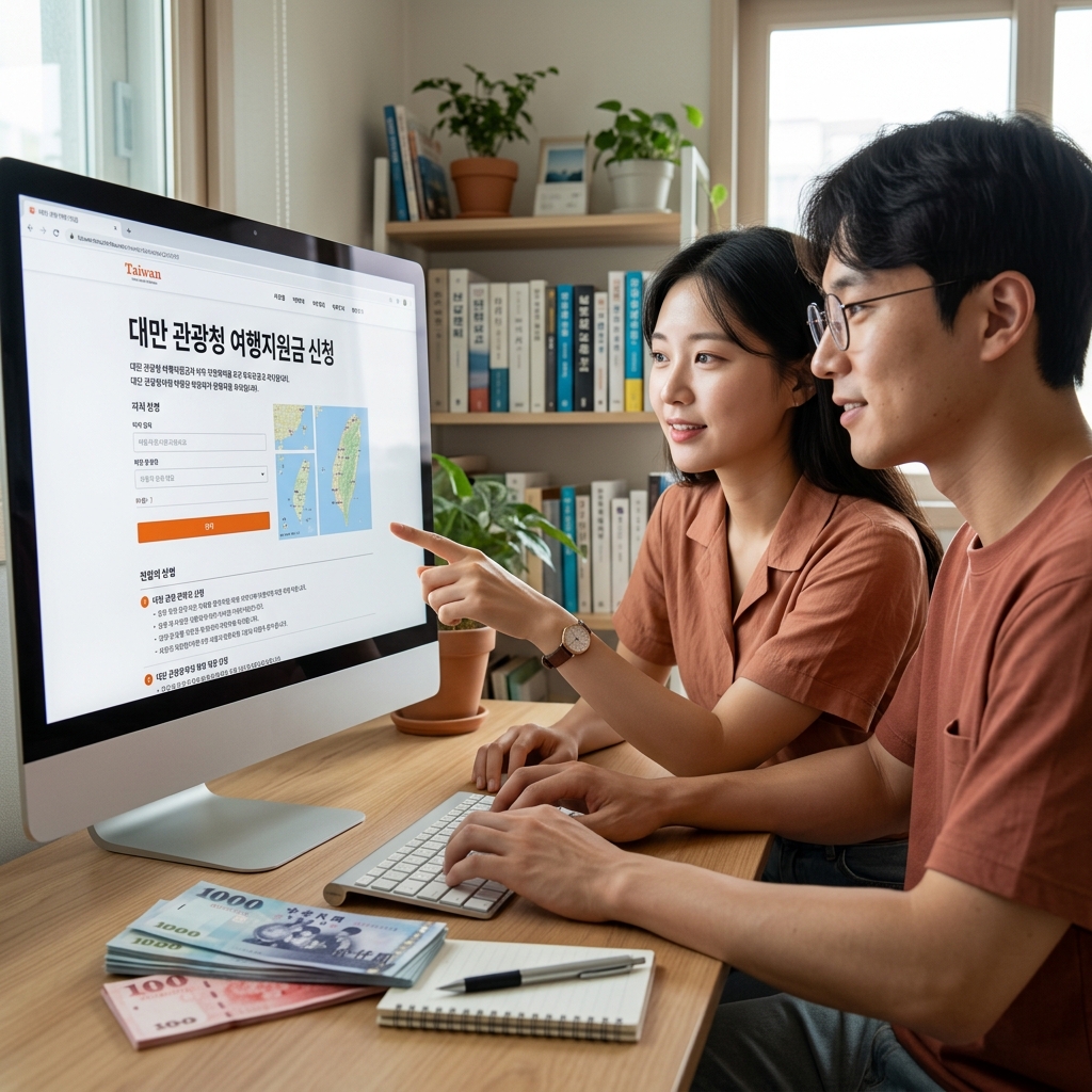 대만 관광청 여행지원금 신청 화면과 NT$ 지폐