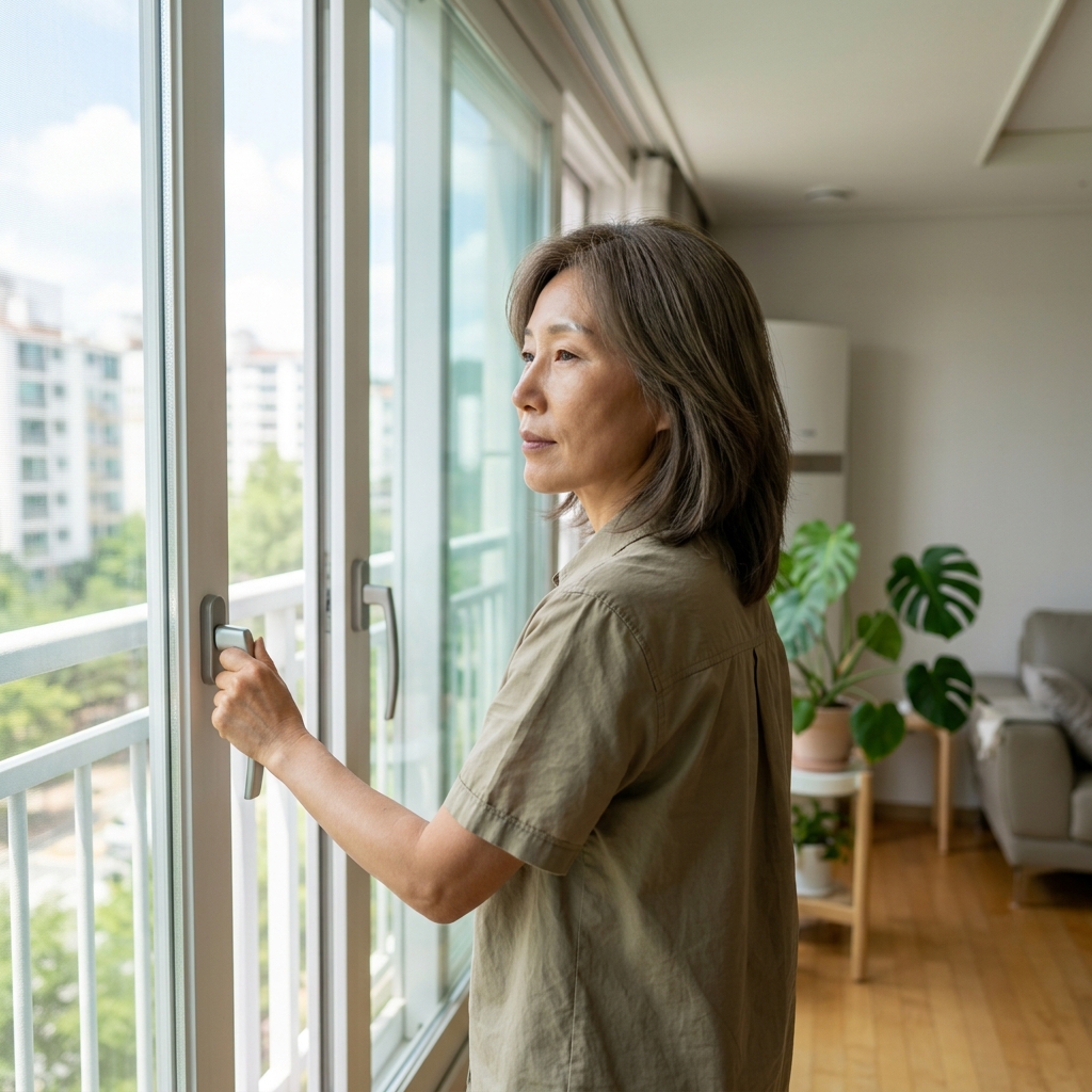 창가에서 환기를 위해 창문을 여는 50대 여성, 얇은 셔츠 차림, 밝은 실내 배경