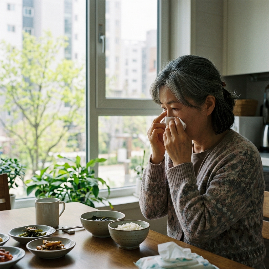 50대 후반 여성이 아침 식탁에 앉아 휴지로 코를 훔치며 눈가를 가볍게 비비는 모습, 창밖으로 봄철 연한 초록 나뭇잎이 보이는 실내