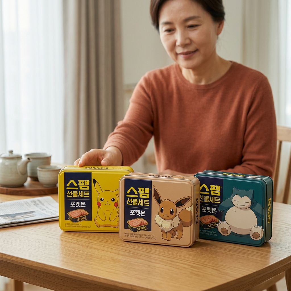 포켓몬 캐릭터가 그려진 스팸 선물세트 3종이 나란히 놓인 모습