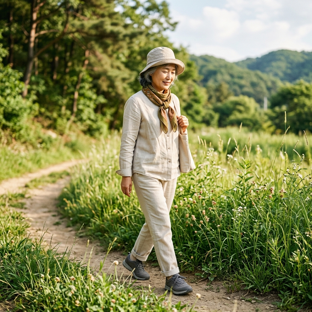 밝은 베이지색 긴소매 셔츠와 긴바지를 입고 풀밭 옆 산책로를 걷는 중장년 여성, 소매와 바지 끝이 단정히 여며져 있고 목수건과 모자를 착용한 모습