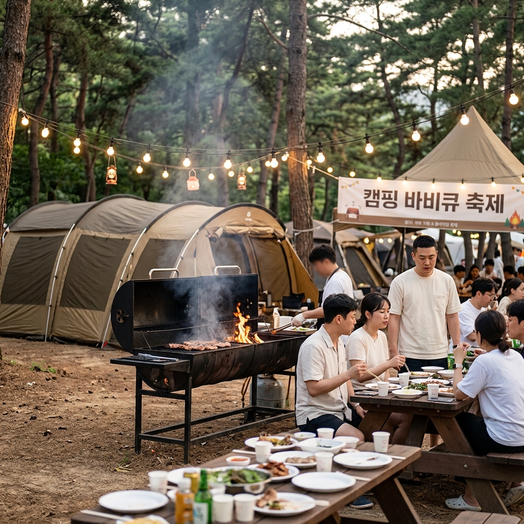 야외 캠핑장에 설치된 대형 바비큐 그릴과 텐트, 장식 조명이 어우러진 축제 현장