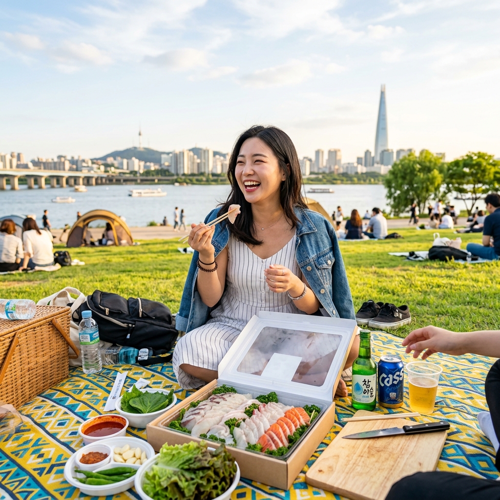 한강공원에서 회 포장 용기와 함께 피크닉 즐기는 모습