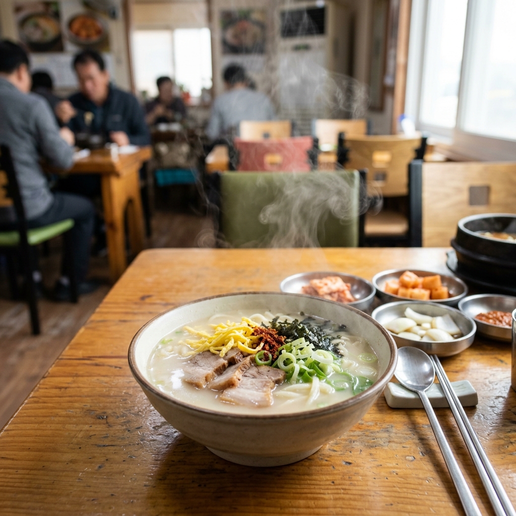 김이 모락모락 나는 제주 고기국수 한 그릇