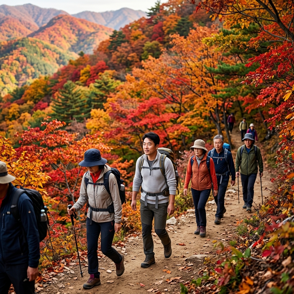산 전체를 붉게 물들인 단풍과 등산로를 걷는 사람들