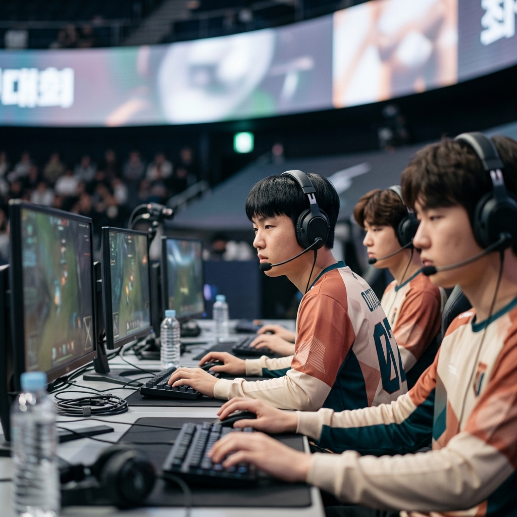 e스포츠 경기장에서 팀 유니폼을 입고 경기하는 프로게이머들