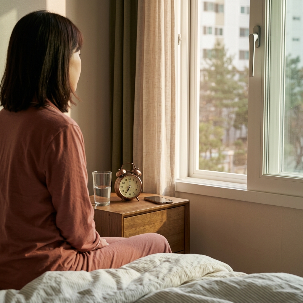 침대 옆 탁자 위에 놓인 물컵과 시계, 창문 사이로 들어오는 아침 햇살, 긴팔 잠옷을 입은 사람의 뒷모습