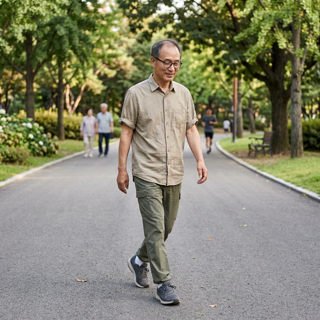 평평한 공원 산책로를 가벼운 운동화 신고 천천히 걷는 60대 후반 남성, 얇은 반팔 셔츠 착용