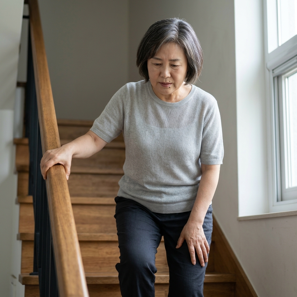 60대 후반 여성이 실내 계단 난간을 잡고 한 계단씩 천천히 오르는 모습, 무릎 부위에 손을 살짝 대고 있고 얼굴에 불편한 표정