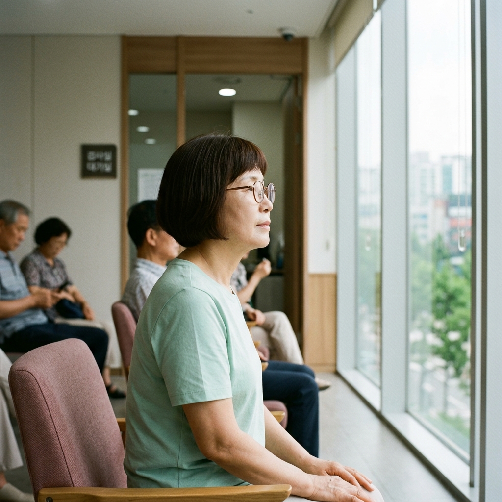 60대 여성이 안저검사를 위해 산동제를 점안한 뒤 검사실에서 대기하는 모습, 동공이 확대된 상태로 창밖을 바라보고 있다