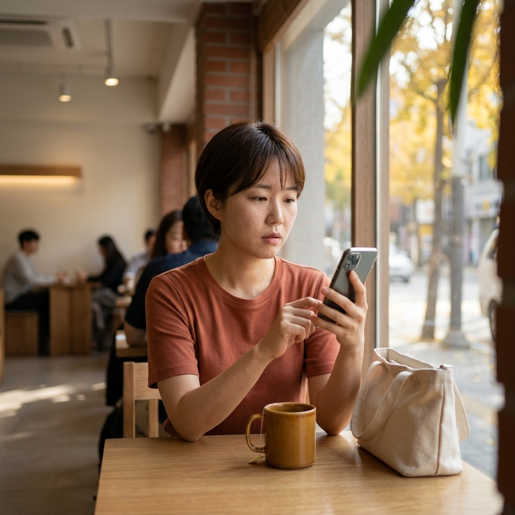 카페 테이블에 앉아 휴대폰으로 시계를 확인하며 기다리는 30대 초반 여성의 모습, 창밖은 가을 햇살이 비치는 오후