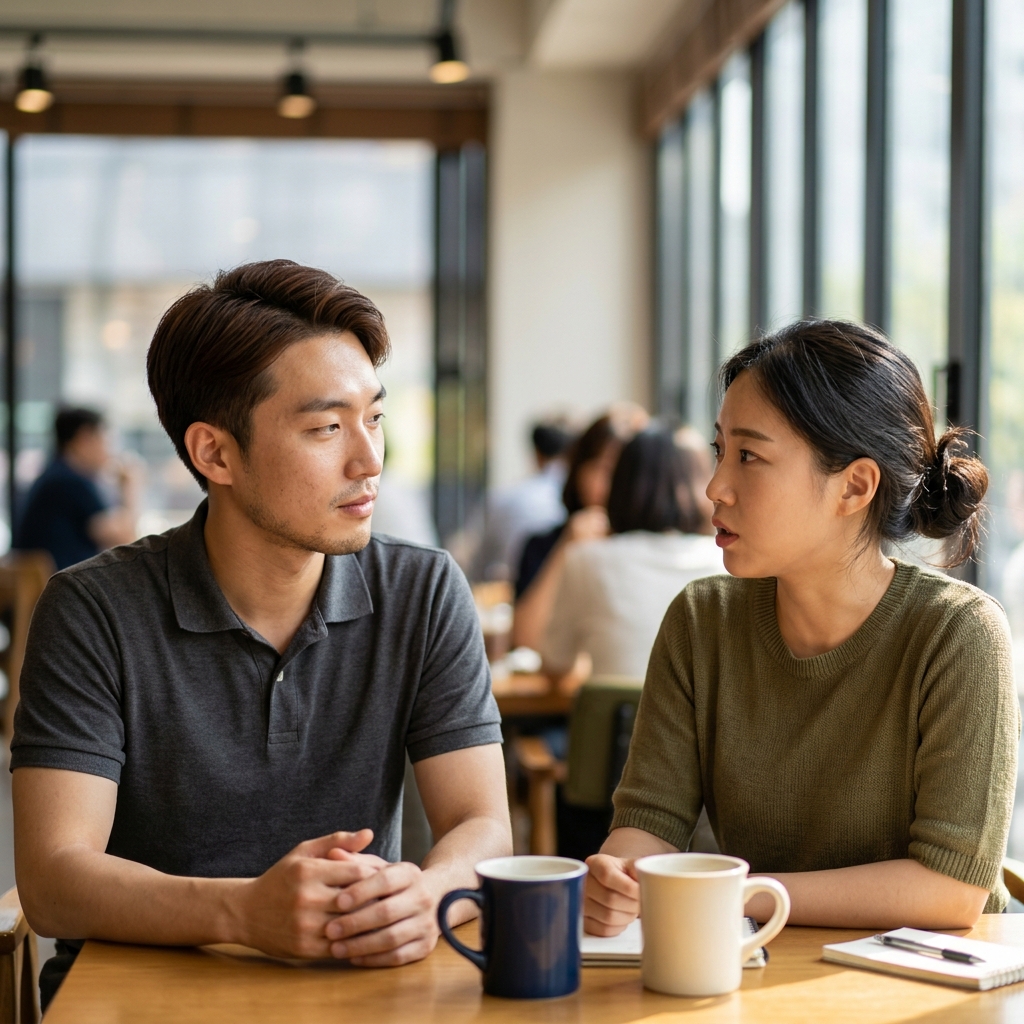 카페에서 마주 앉아 진지하게 대화를 나누는 두 친구의 모습