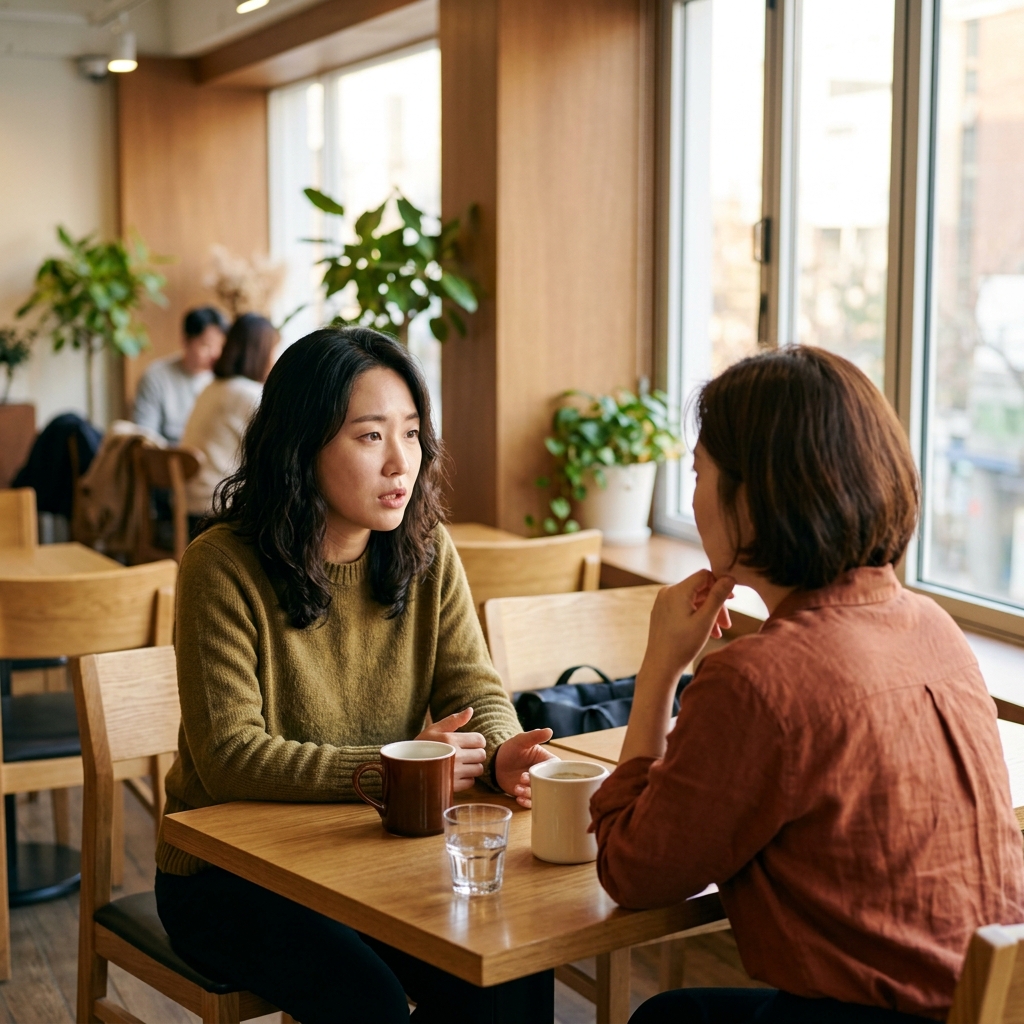 두 명의 30대 여성이 카페에서 마주 앉아 진지하게 대화하는 모습, 테이블 위에는 커피잔이 놓여 있고 따뜻한 실내 조명