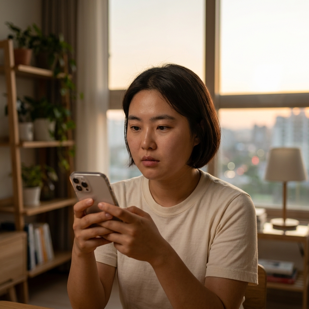 30대 여성이 휴대폰을 들고 연락처를 보며 고민하는 표정, 창밖으로 저녁 무렵의 부드러운 빛이 들어오는 실내