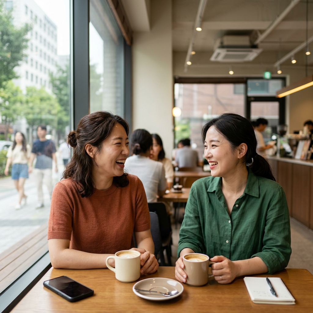 30대 두 명의 여성이 카페 창가에 마주 앉아 대화하며 웃고 있는 모습, 테이블 위에 커피잔과 핸드폰이 놓여 있음