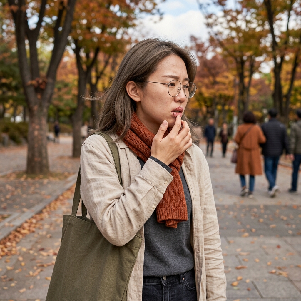 환절기 찬바람 부는 야외에서 갈라진 입술에 손을 대고 불편함을 느끼는 40대 중반 여성의 모습