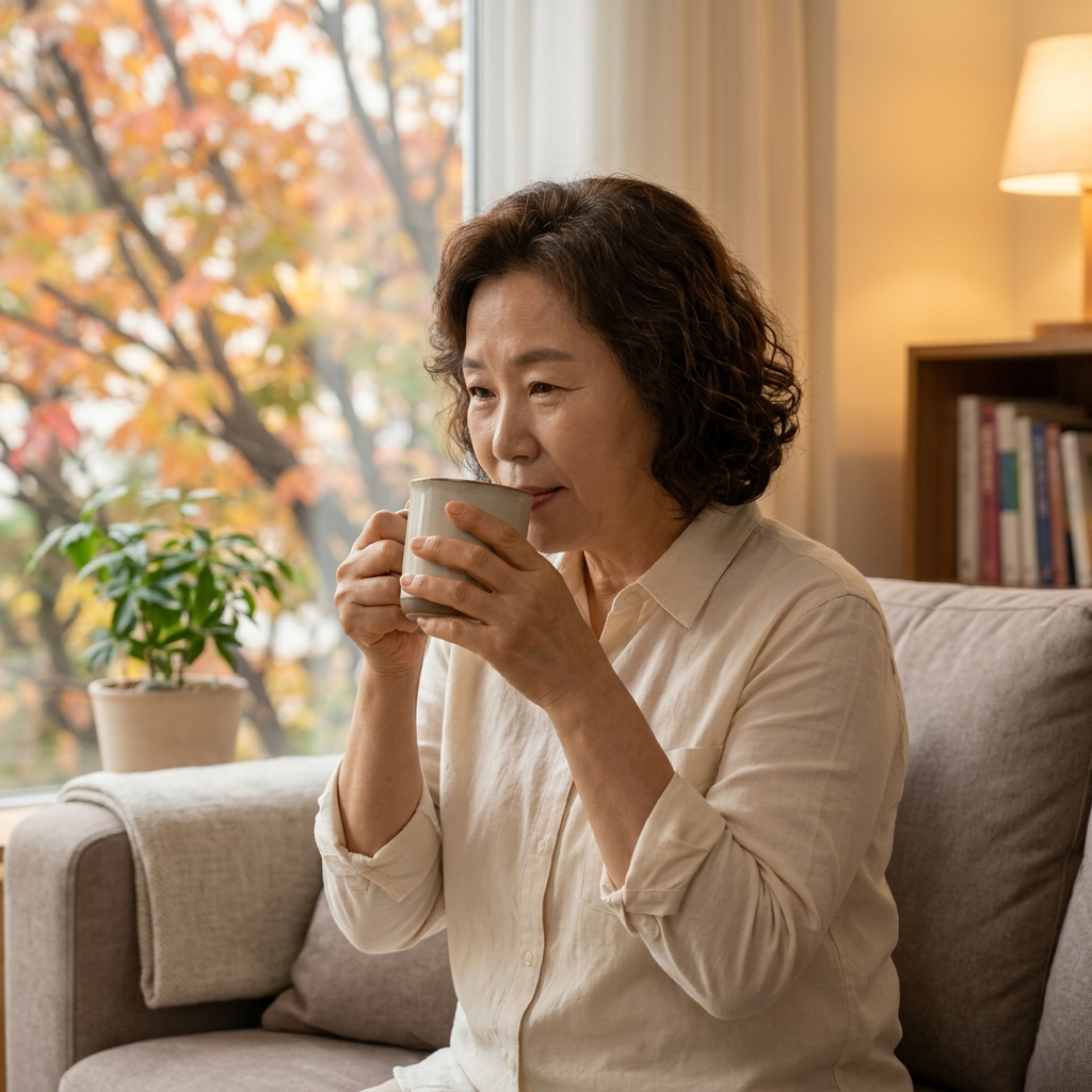 50대 중반 여성이 거실 소파에 앉아 미지근한 물을 천천히 마시는 모습, 창밖으로 가을 나뭇잎이 보이고 실내는 따뜻한 조명