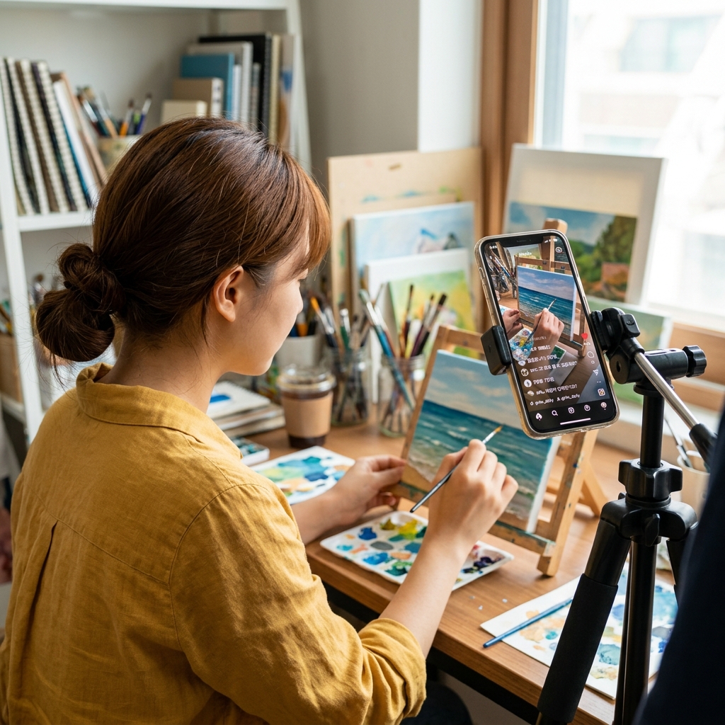 인스타그램 릴스에서 그림 제작 과정을 보여주고 댓글로 입찰을 받는 장면