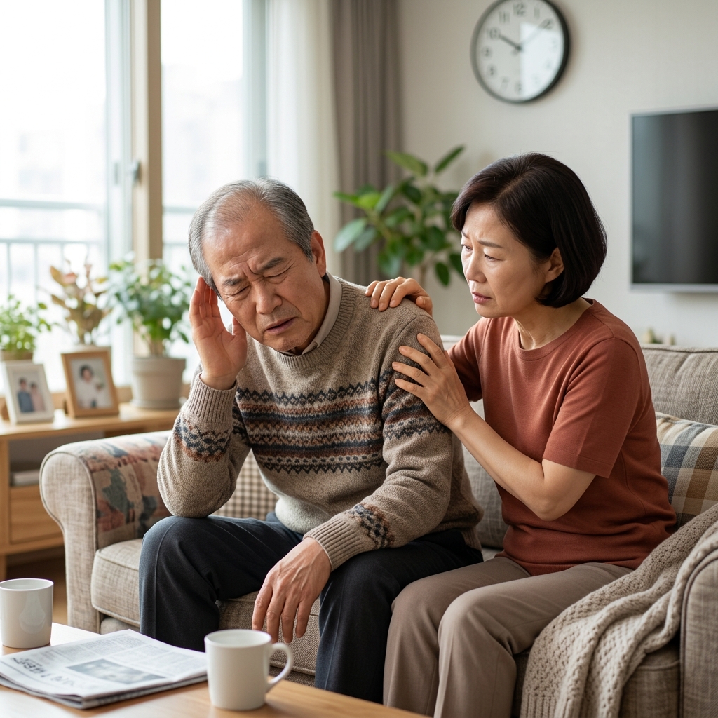 70대 남성이 거실 소파에 앉아 한쪽 귀를 손으로 감싸며 어지러워하는 표정, 옆에서 배우자가 어깨를 잡아주는 모습