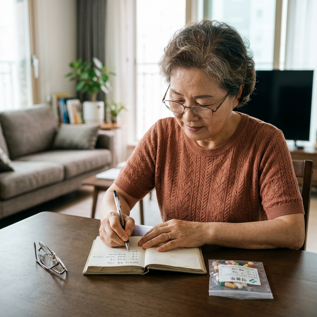70대 여성이 거실 테이블에 앉아 수첩에 날짜와 증상을 기록하는 모습, 옆에 안경과 약봉지가 놓여 있음