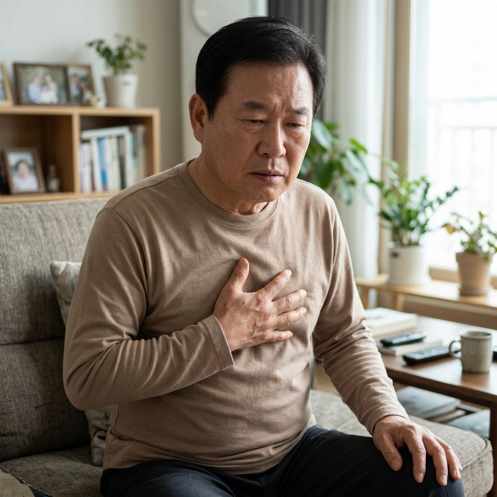 흰색 긴팔 셔츠를 입은 60대 후반 남성이 거실 소파에 앉아 명치 부위를 손으로 감싸며 불편한 표정을 짓고 있는 모습