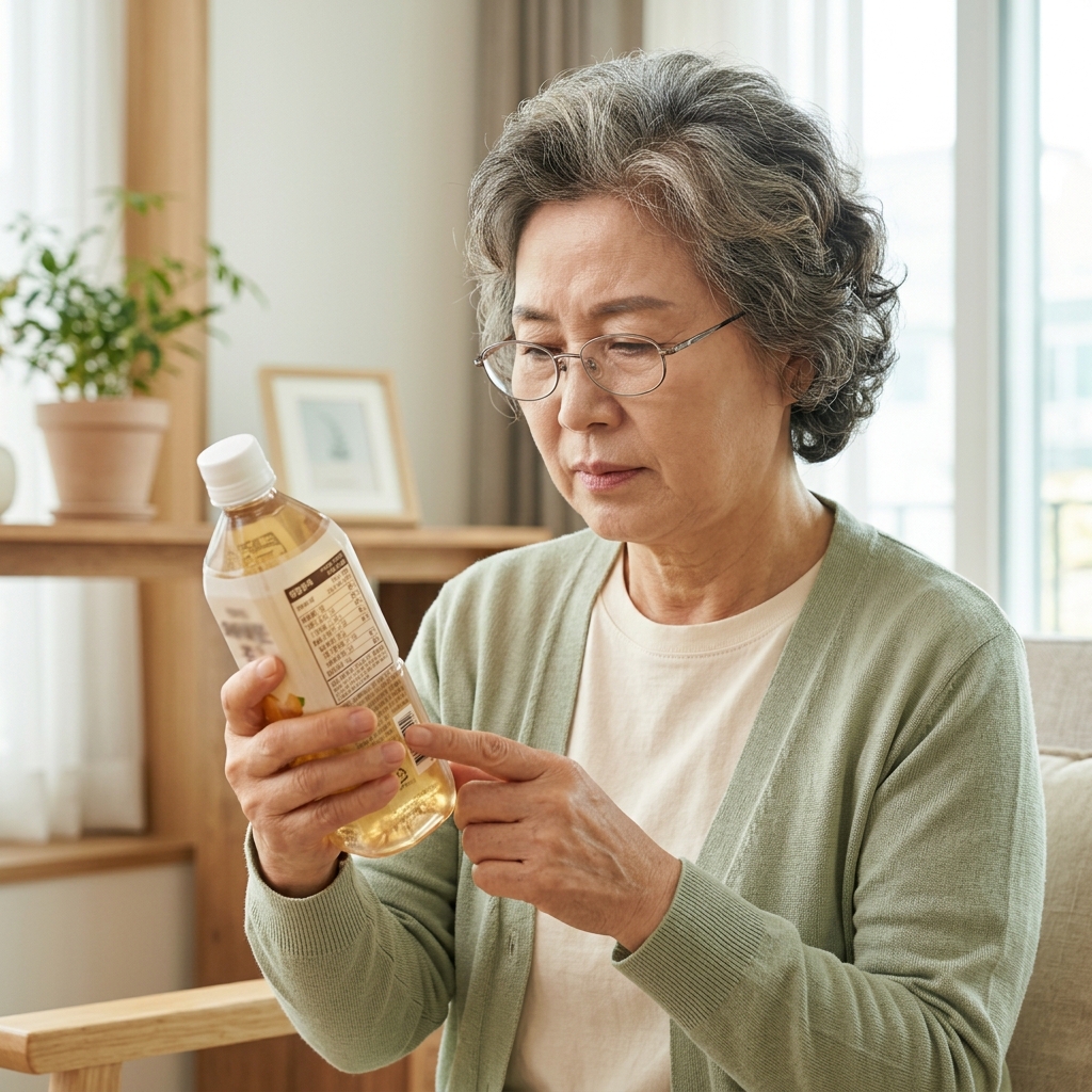 밝은 실내에서 얇은 카디건을 입은 70대 여성이 손에 든 투명 음료 페트병 뒷면 영양성분표를 안경 너머로 꼼꼼히 들여다보는 모습
