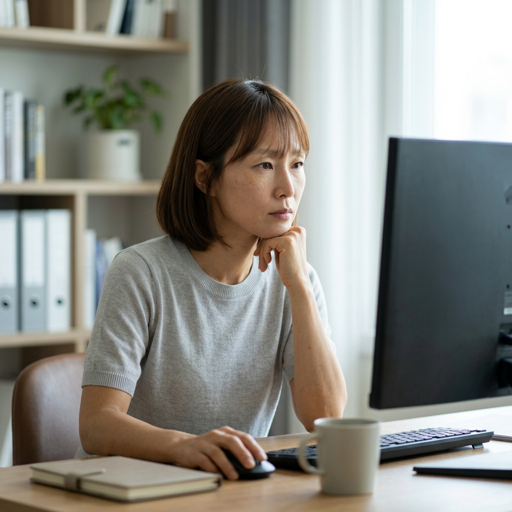 책상에 앉아 한쪽 손으로 턱을 괴고 모니터를 보는 중년 여성, 얇은 반팔 블라우스 착용