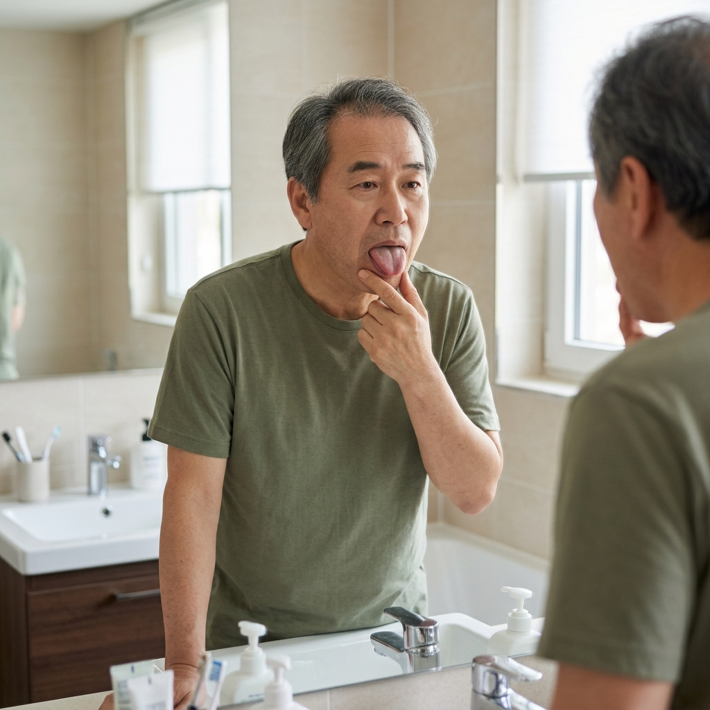 60대 남성이 거울을 보며 혀 표면을 살피고 있는 모습, 밝은 실내 조명 아래 세면대 앞
