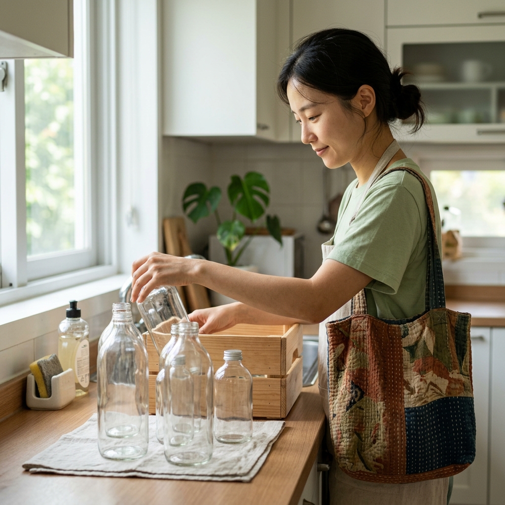 유리병을 씻어 정리하는 모습과 헌 천으로 만든 에코백을 나란히 놓은 장면