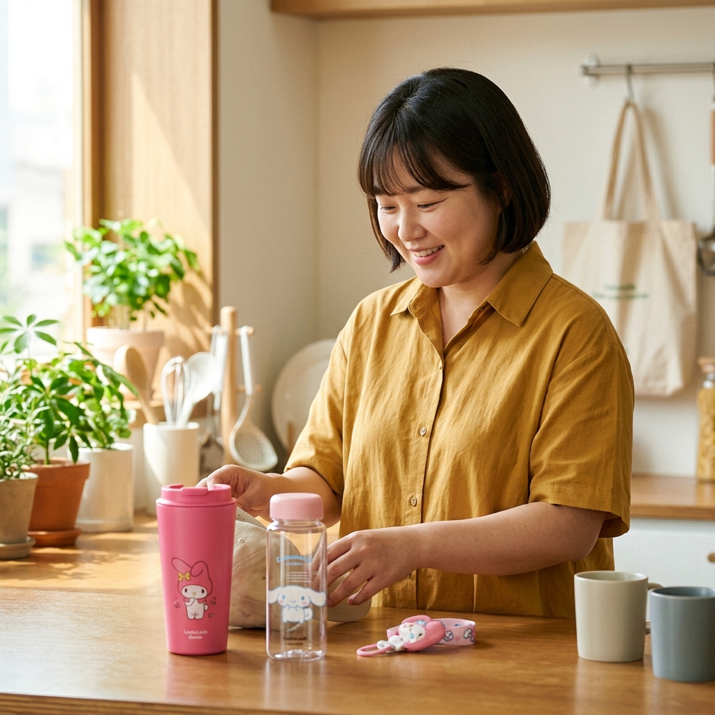 락앤락 산리오 콜라보 텀블러와 보틀이 나란히 놓인 모습