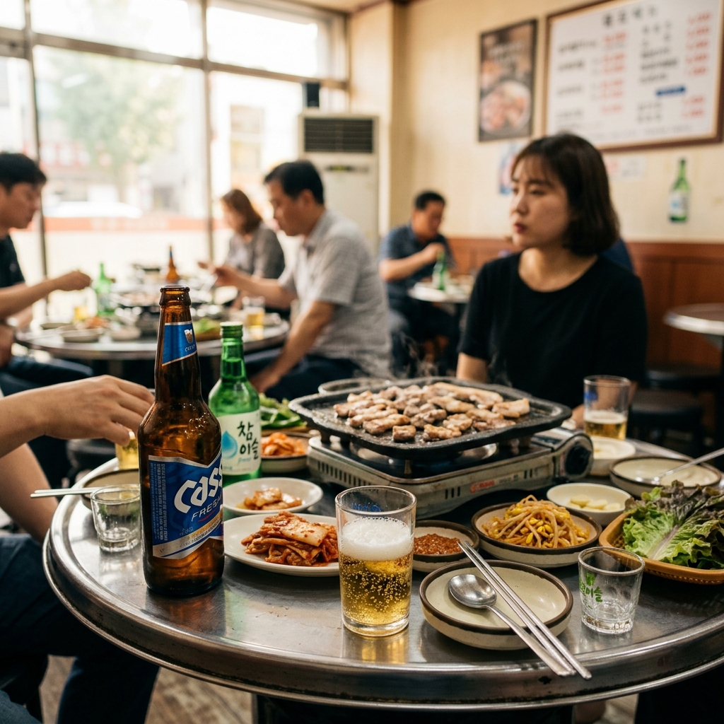 식당 테이블 위에 놓인 카스 맥주병과 찰랑 소주병, 소맥잔이 함께 배치된 장면