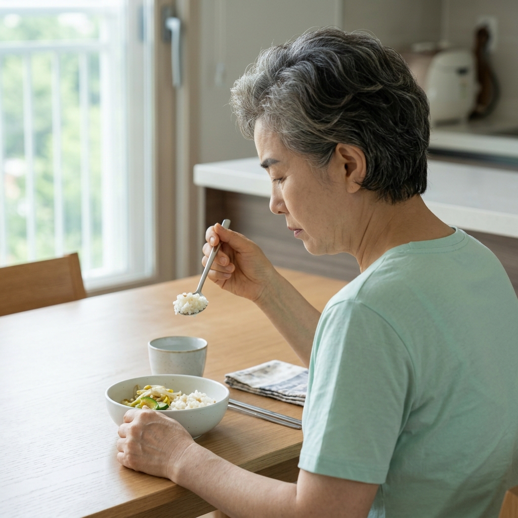 식탁에 앉아 소량의 식사 앞에서 숟가락을 든 채 망설이는 60대 후반 여성