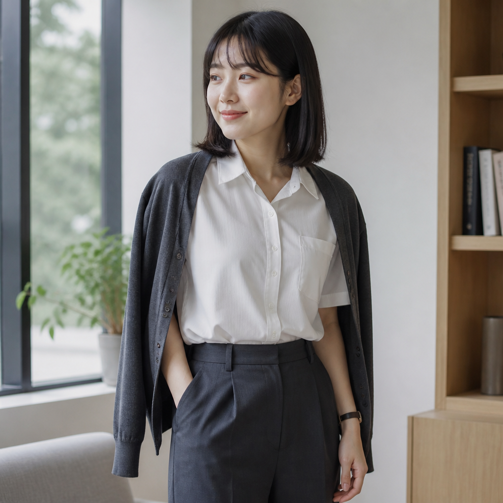 반팔 셔츠와 슬랙스 조합에 가디건을 걸친 레이어드 룩