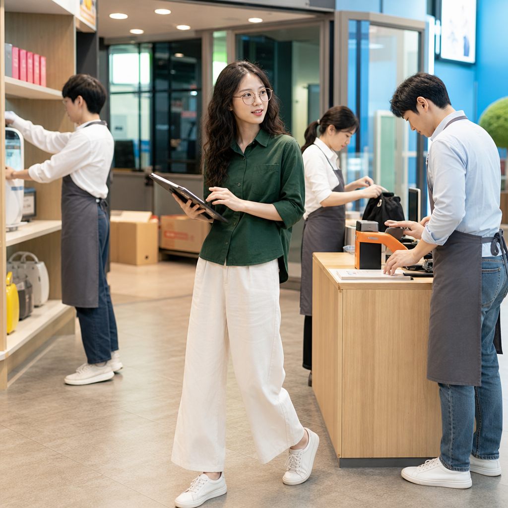 성인들이 키자니아 직업체험 부스에서 활동하는 모습