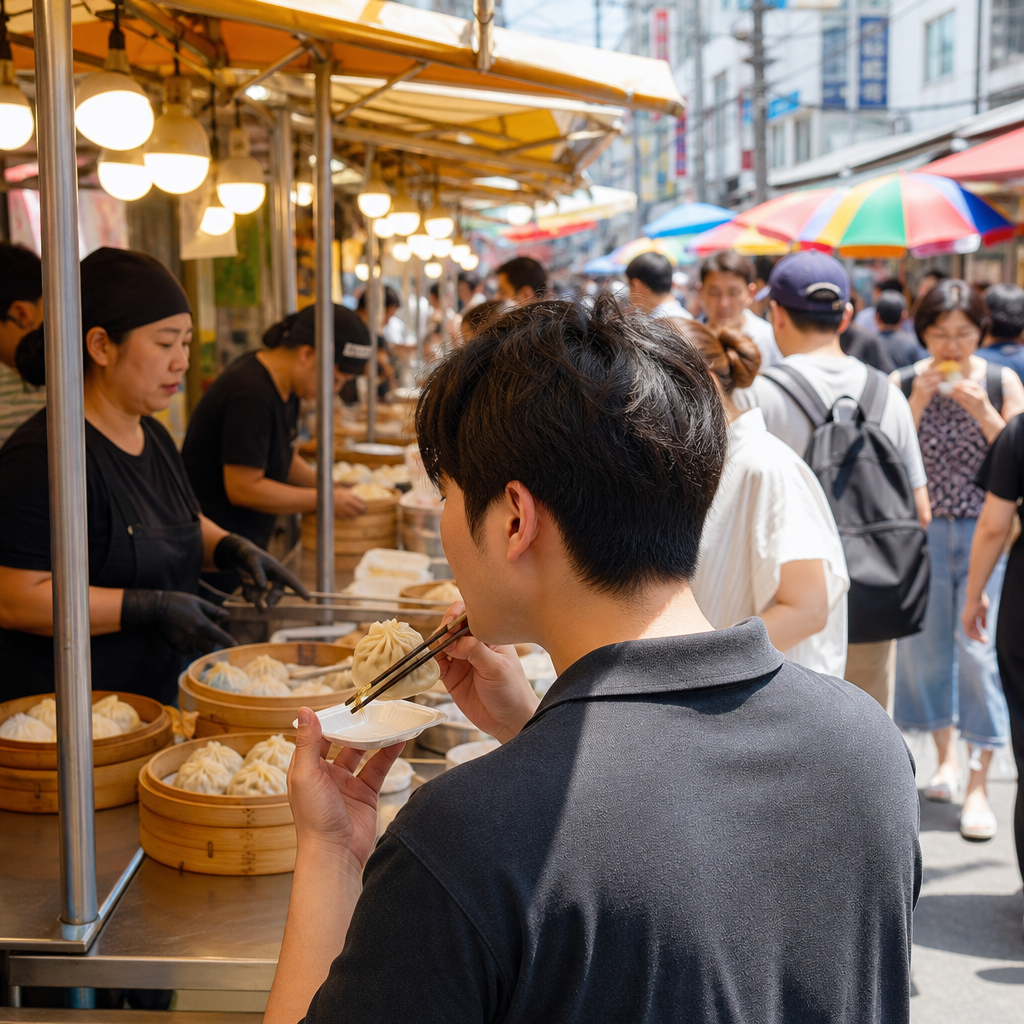 원주 전통시장 거리에 만두 판매 부스가 줄지어 늘어서고 사람들이 만두를 맛보는 모습