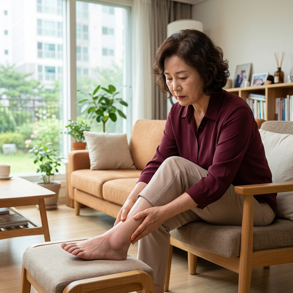 발목 골절 회복 중인 60대 여성이 의자에 앉아 발목 부위를 손으로 감싸며 부종 여부를 확인하는 모습, 창밖으로 자연광이 들어옴