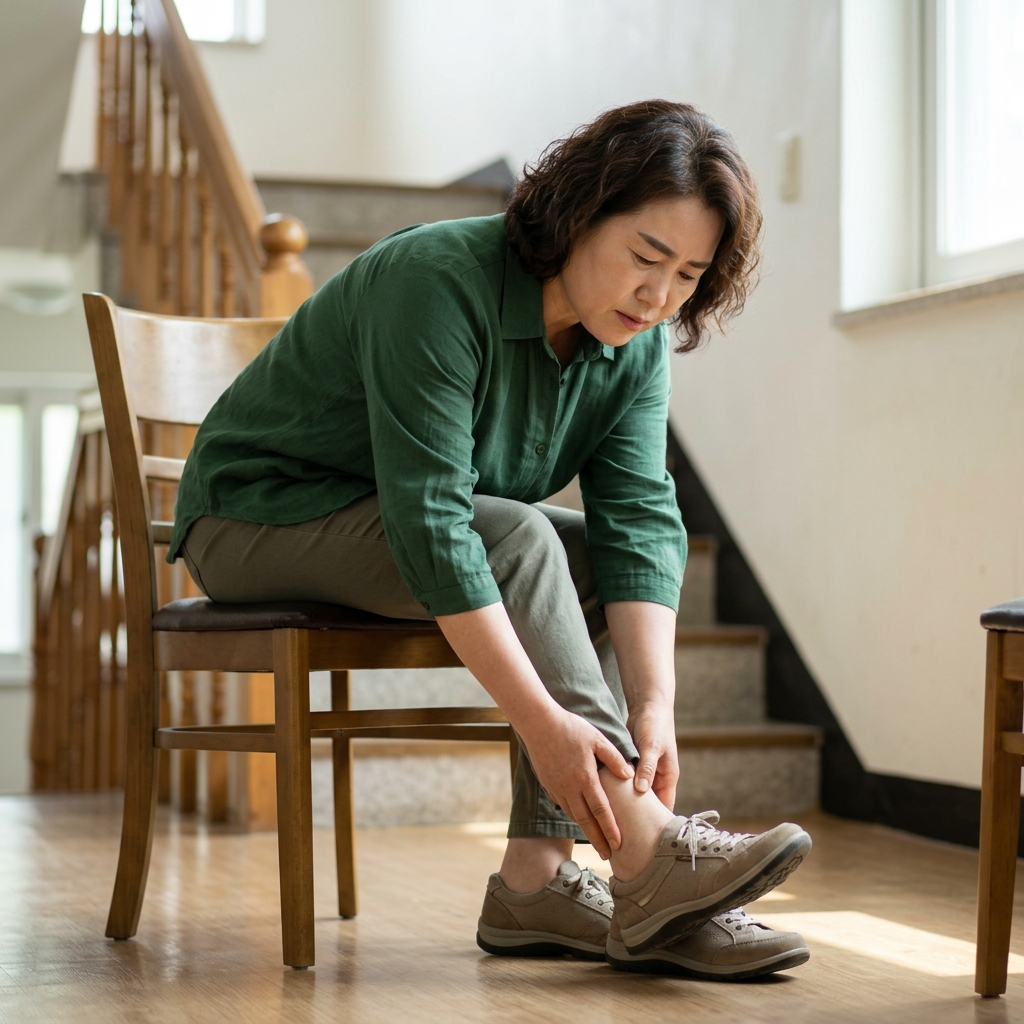 60대 여성이 계단에서 발목을 접질린 뒤 의자에 앉아 발목을 만져보며 통증 위치를 확인하는 모습, 실내, 자연광, 긴팔 얇은 셔츠