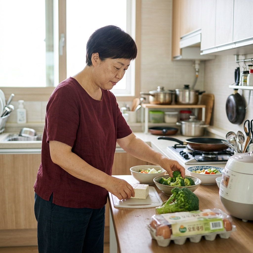 밝은 주방에서 브로콜리와 달걀, 두부를 조리대 위에 펼쳐두고 식단을 준비하는 중년 남성